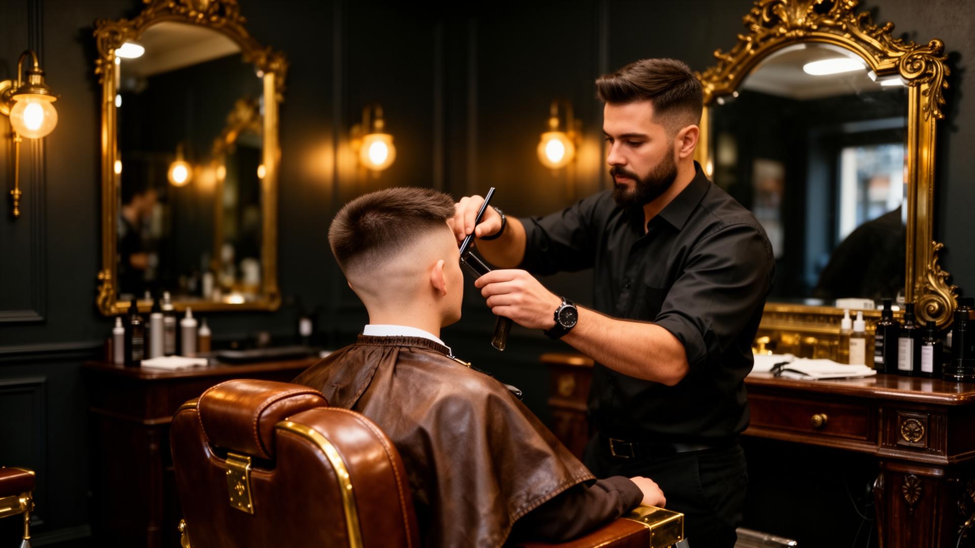 Barber giving a precision fade haircut in a luxury barbershop